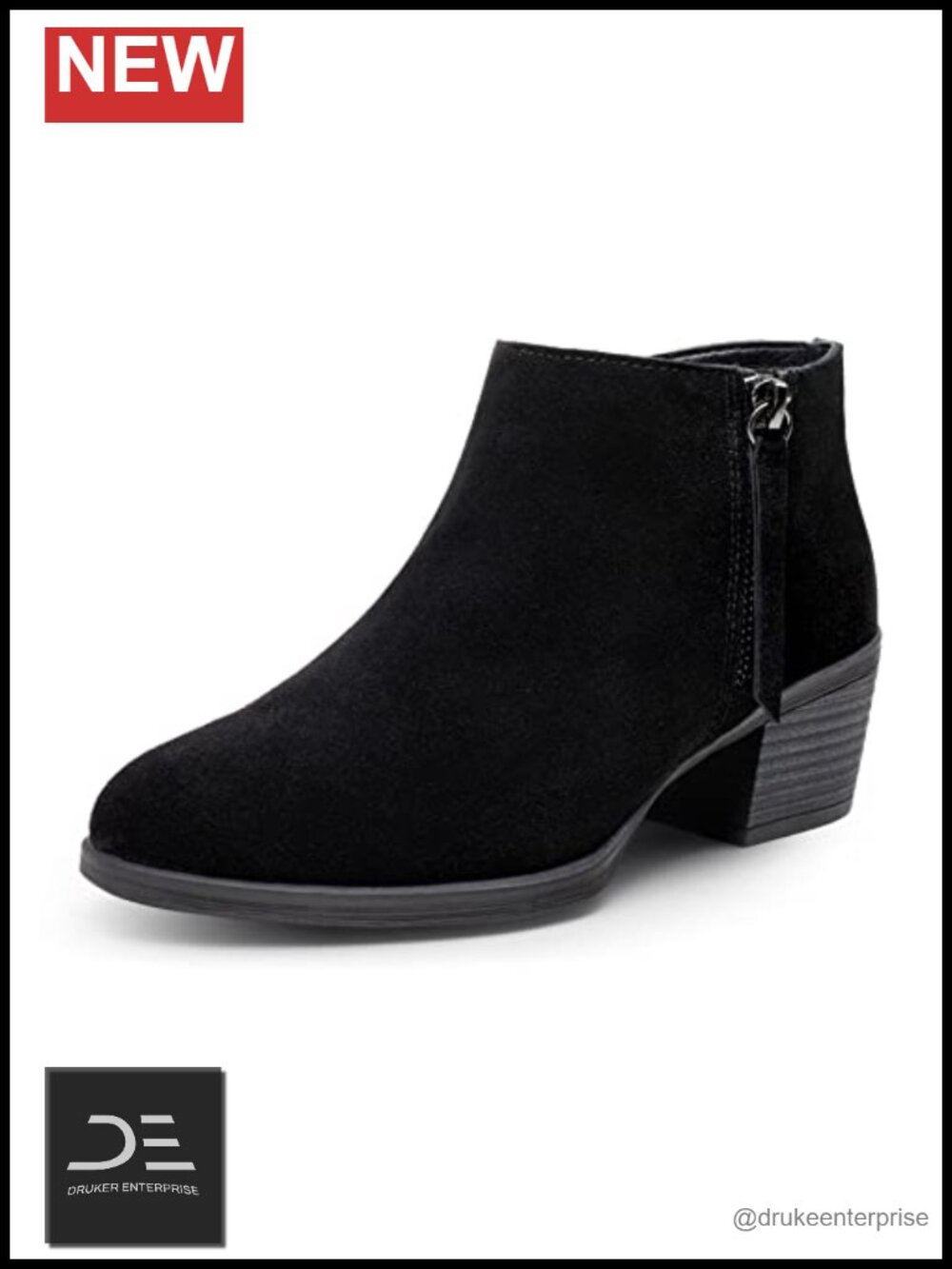 Women's Real Suede Ankle Boots with Zipper Low Block Heel Memory Foam